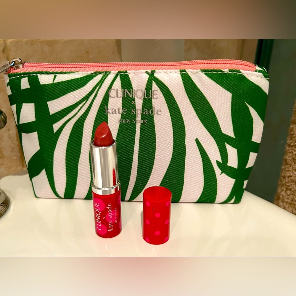 Kate Spade and Clinique Green/White Cosmetic Bag with Lipstick Bundle